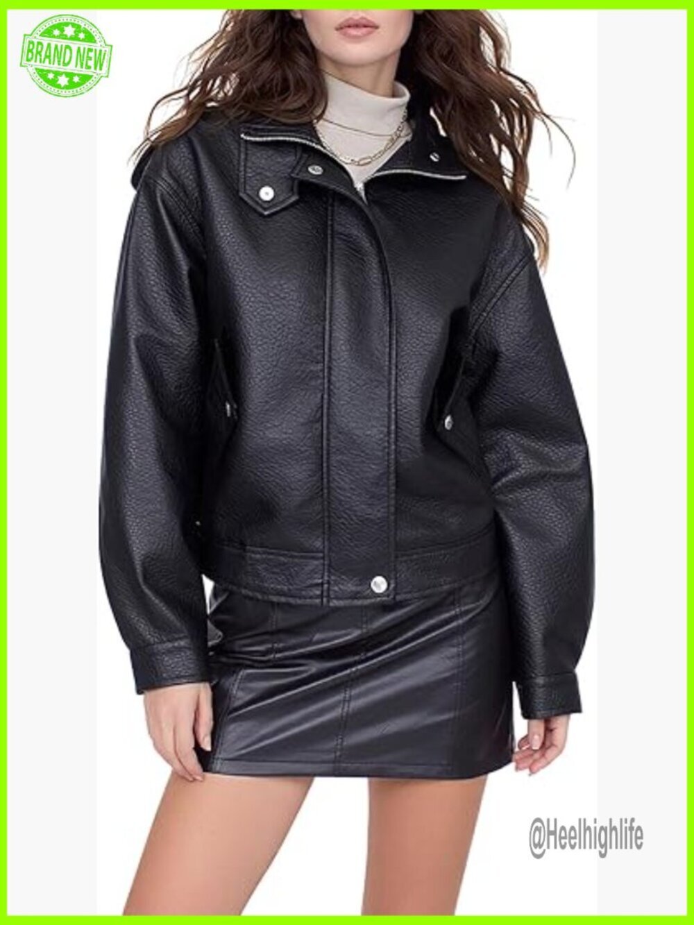 Faux Leather Moto Jacket Slim Fit Cropped Zipper Closure Stand Collar